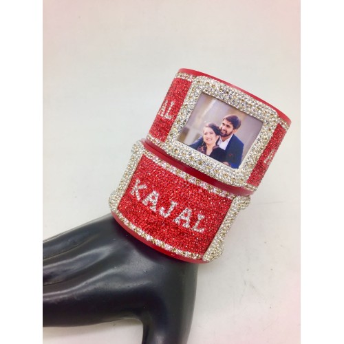 Red and white broad personalised bangles with couple picture